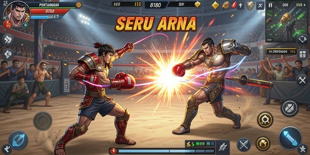Screenshot utama 8180 menampilkan aksi intens antar karakter di arena bertarung.