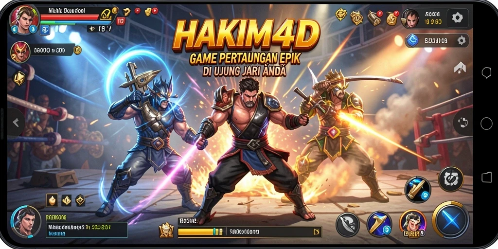 Tampilan gameplay HAKIM4D dengan aksi pertarungan yang menegangkan dan karakter beragam.