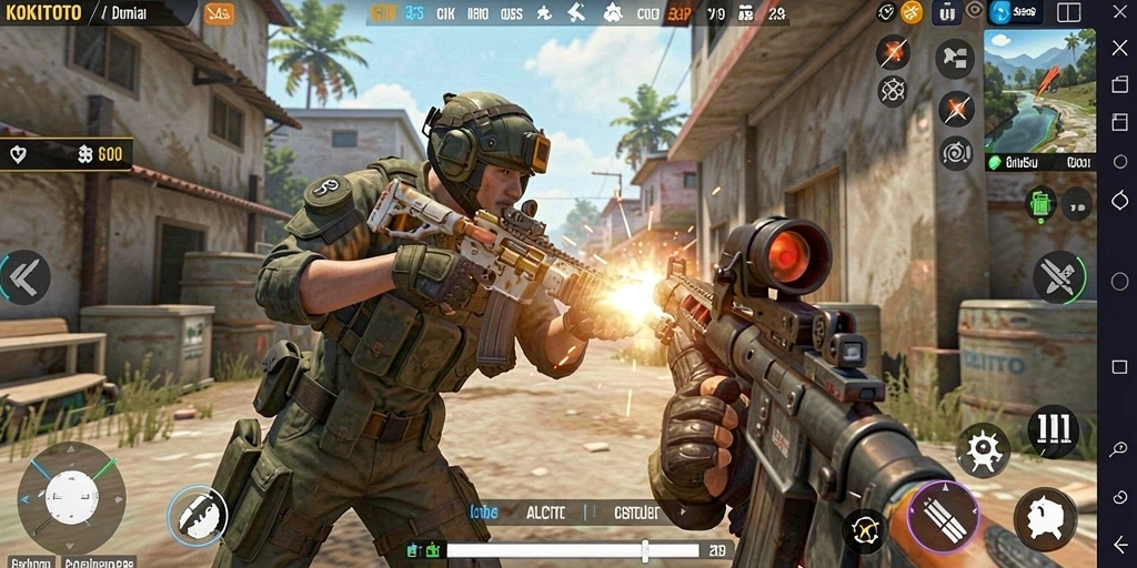 Screenshot gameplay KOKITOTO menampilkan aksi tembak-menembak yang intens.