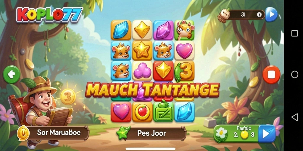 Gameplay seru KOPLO77 dengan misi Match-3 yang menantang.
