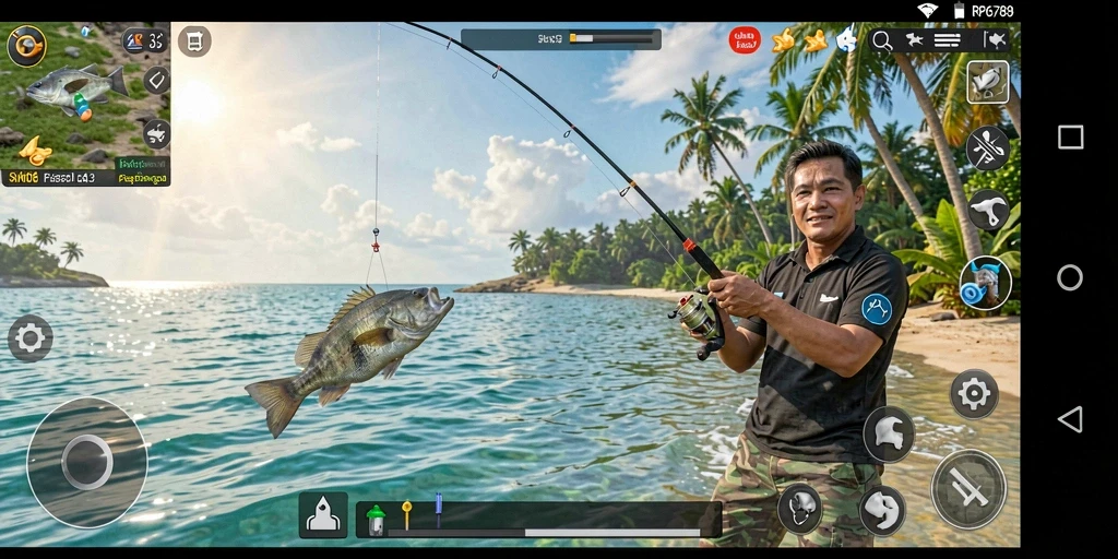 Screenshot menampilkan pemain yang sedang memancing di danau yang indah.