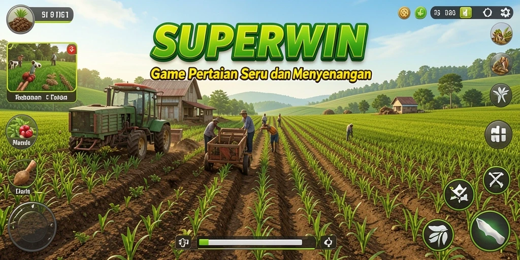 Screenshot dari permainan <strong>SUPERWIN</strong> menunjukkan aktivitas bertani yang seru dan interaktif.