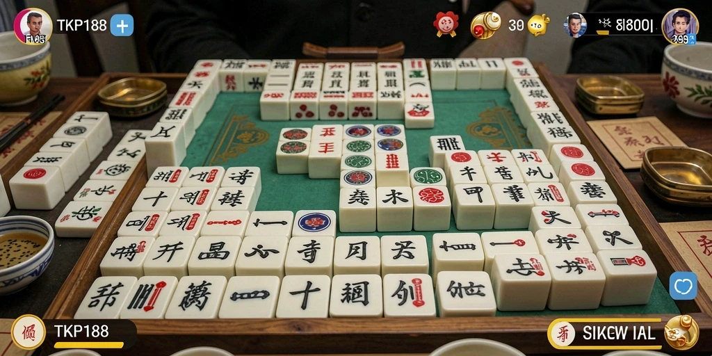 Screenshot gameplay TKP188 menunjukkan suasana permainan Mahjong yang mendebarkan.